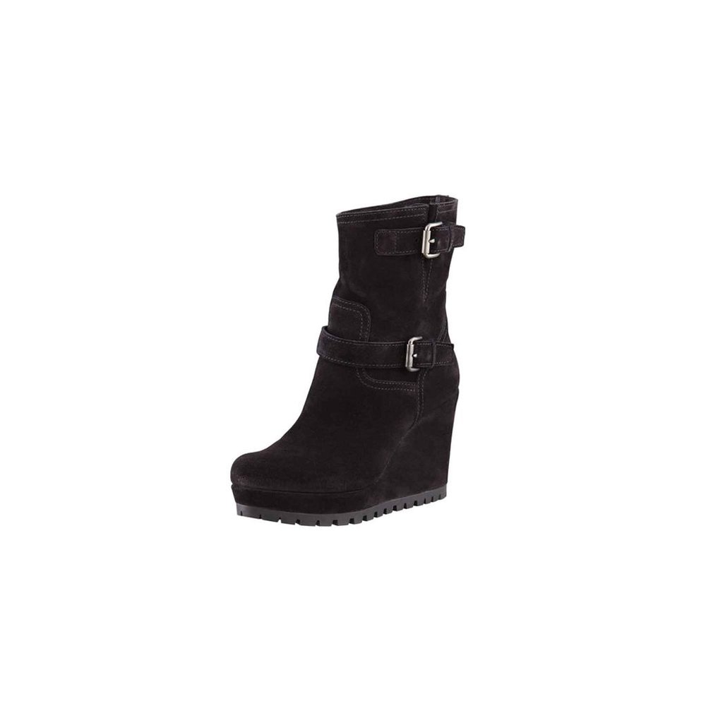 Prada Double Buckle Suede Wedge Boot, Black Size 7